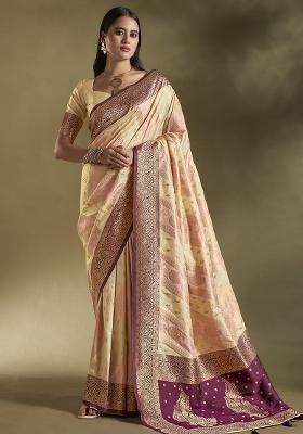 Cream And Light Pink Weaving Border Silk Saree Set