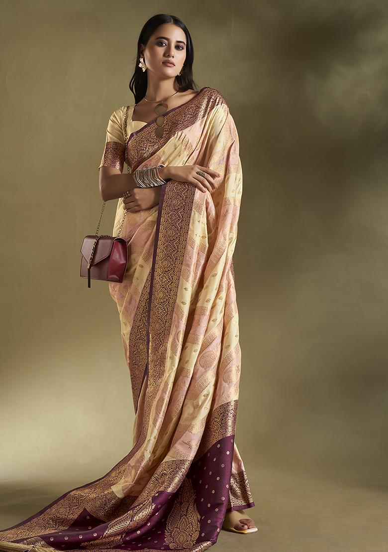 Cream And Light Pink Weaving Border Silk Saree Set - Indya