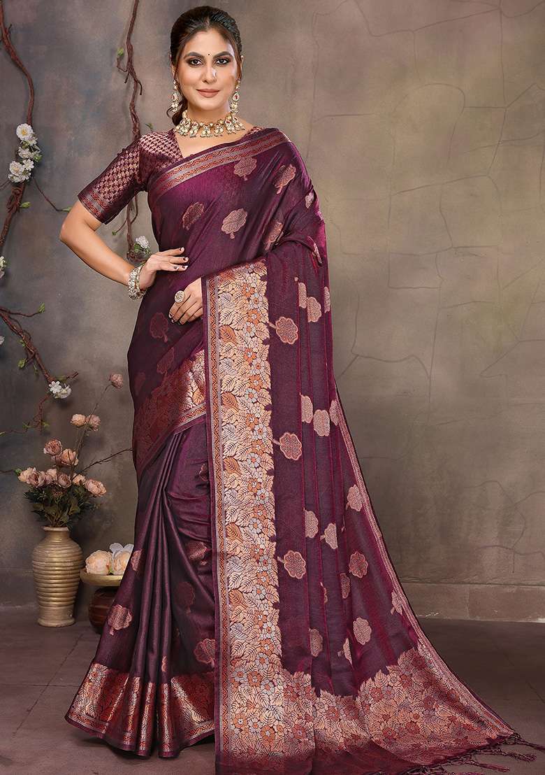 Magenta Pink Woven Jacquard Silk Blend Saree Set for Diwali | Wedding & Festive Wear - Indya