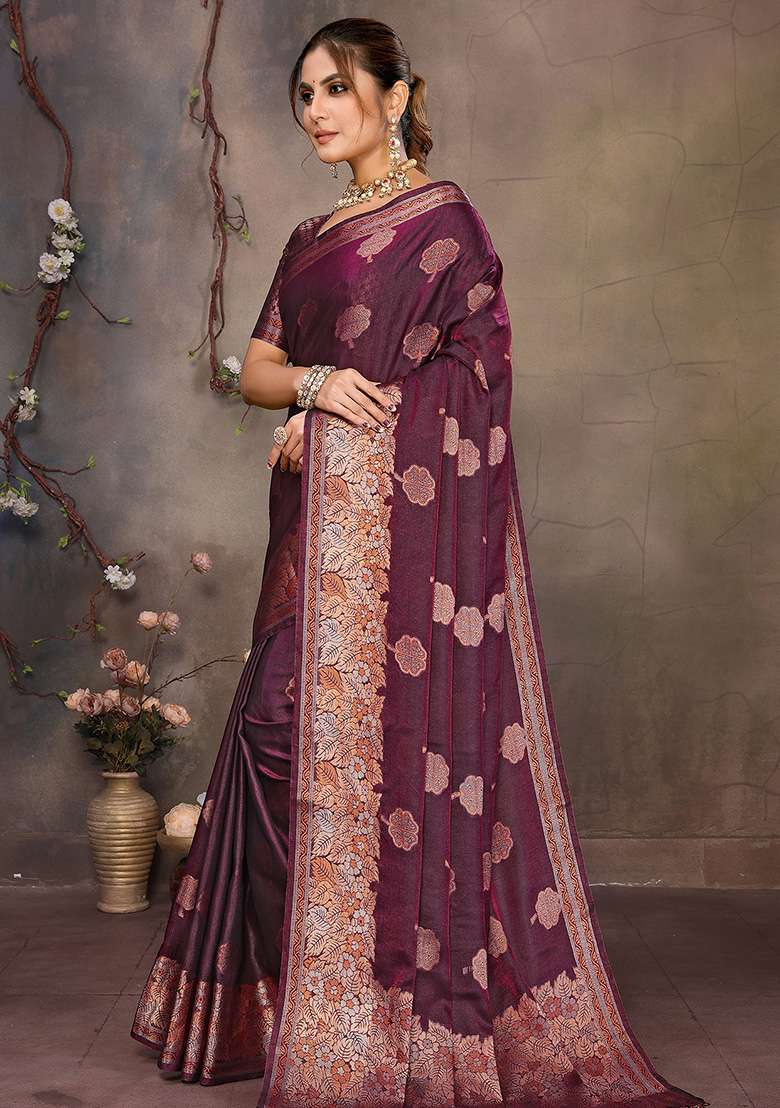 Magenta Pink Woven Jacquard Silk Blend Saree Set for Diwali | Wedding & Festive Wear - Indya