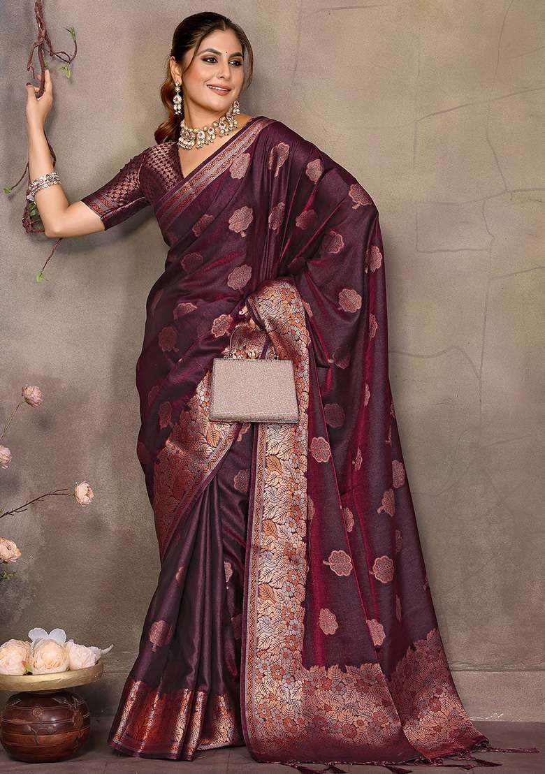 Magenta Pink Woven Jacquard Silk Blend Saree Set for Diwali | Wedding & Festive Wear - Indya