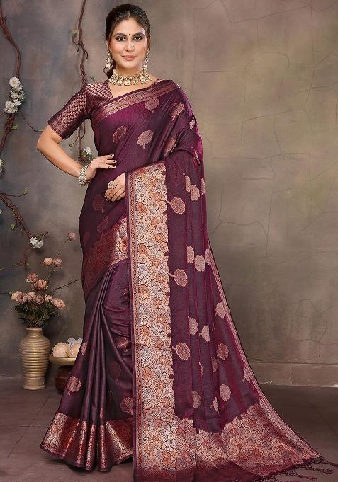 Magenta Pink Woven Jacquard Silk Saree Set