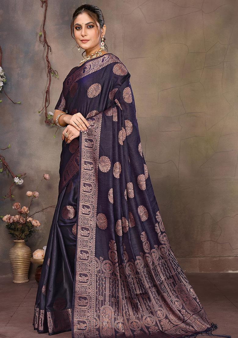 Navy Blue Woven Jacquard Silk Saree Set