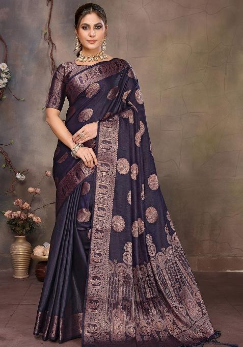 Navy Blue Woven Jacquard Silk Saree Set