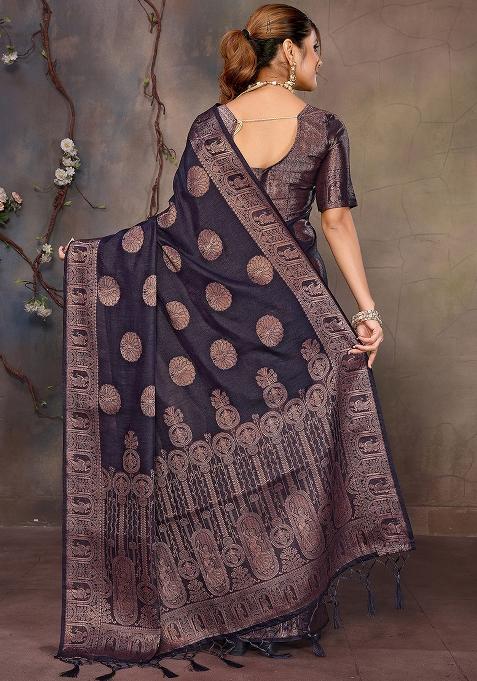 Navy Blue Woven Jacquard Silk Saree Set