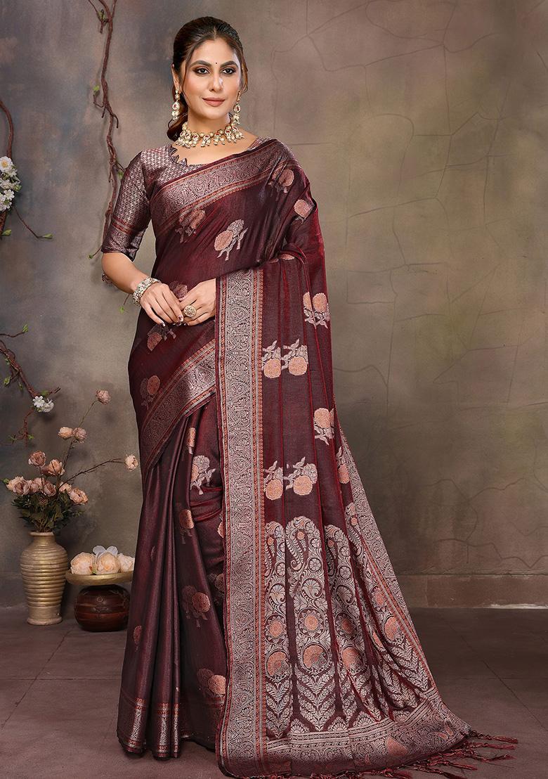 Wine Woven Jacquard Silk Saree Set