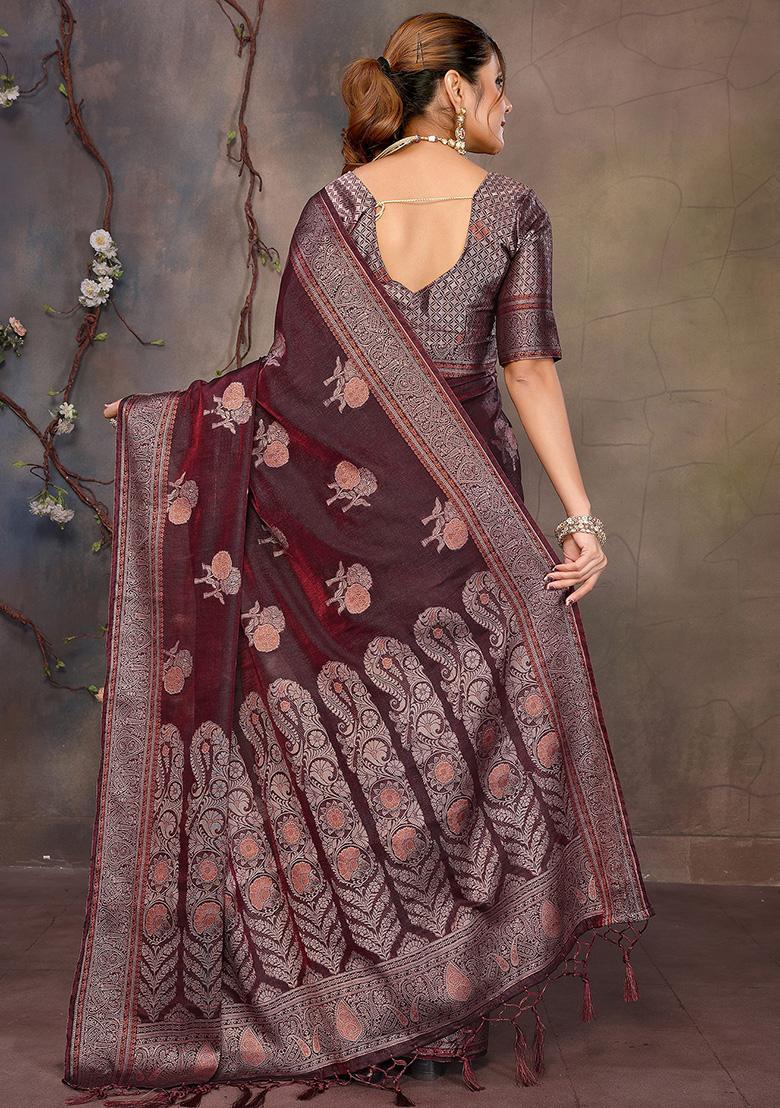 Wine Woven Jacquard Silk Saree Set