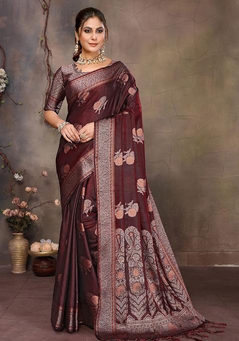 Wine Woven Jacquard Silk Saree Set