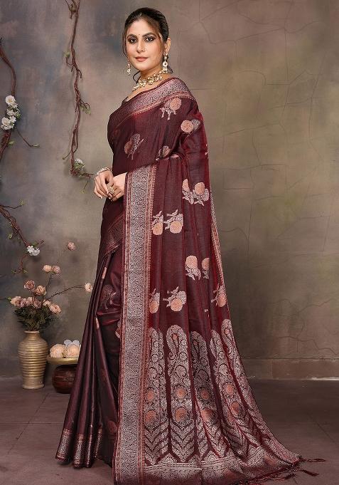 Wine Woven Jacquard Silk Saree Set