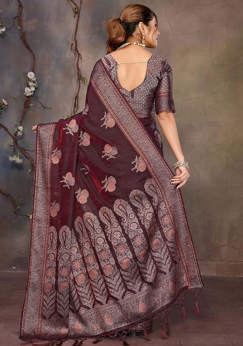 Wine Woven Jacquard Silk Saree Set
