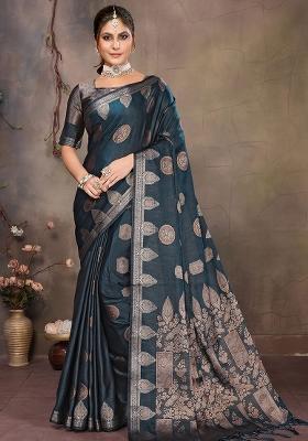 Teal Blue Woven Jacquard Silk Saree Set