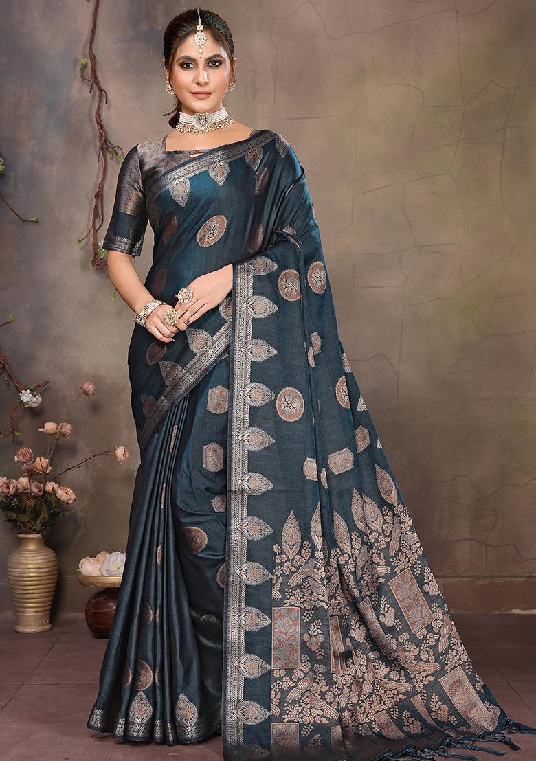 Teal Blue Woven Jacquard Silk Saree Set