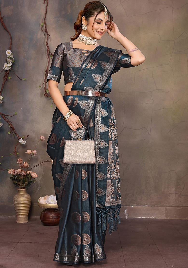Teal Blue Woven Jacquard Silk Saree Set