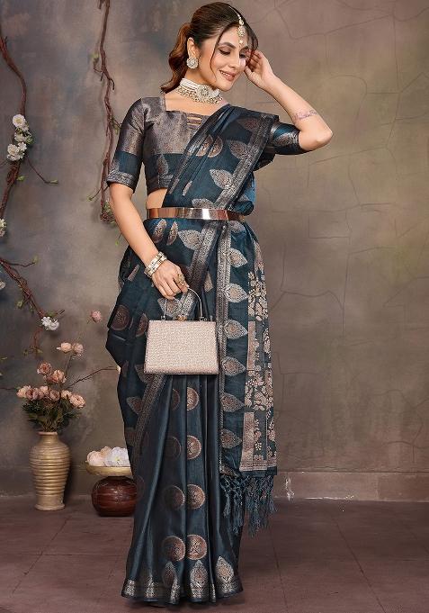Teal Blue Woven Jacquard Silk Saree Set
