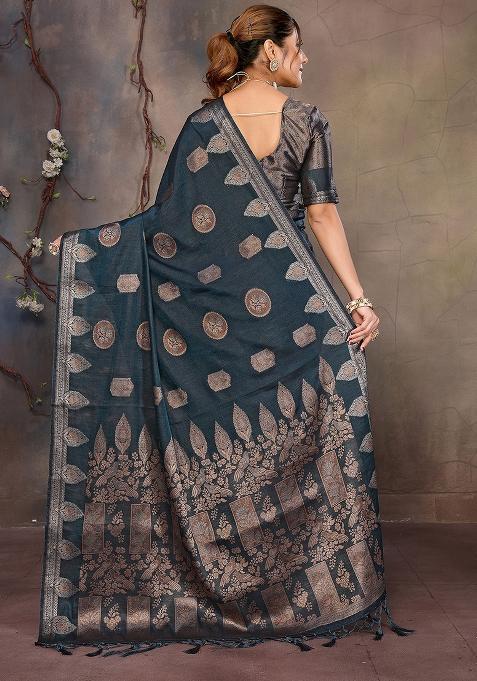 Teal Blue Woven Jacquard Silk Saree Set