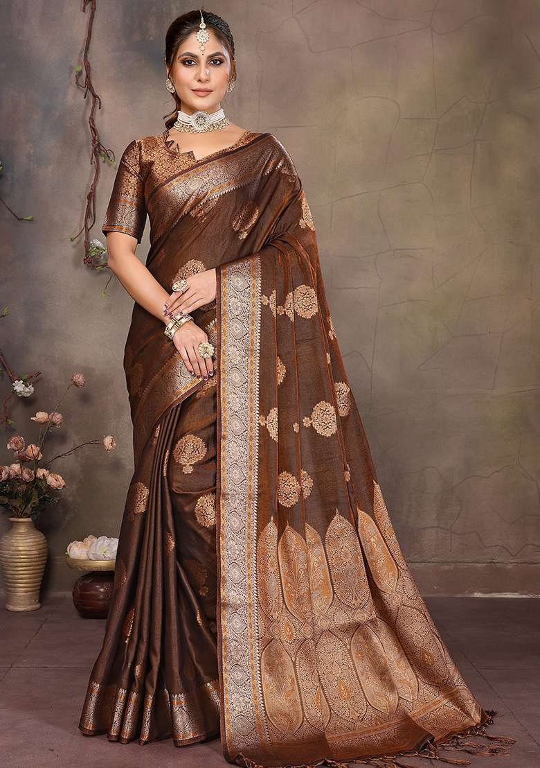 Copper Woven Jacquard Silk Blend Saree Set for Diwali and Festive Wear - Indya