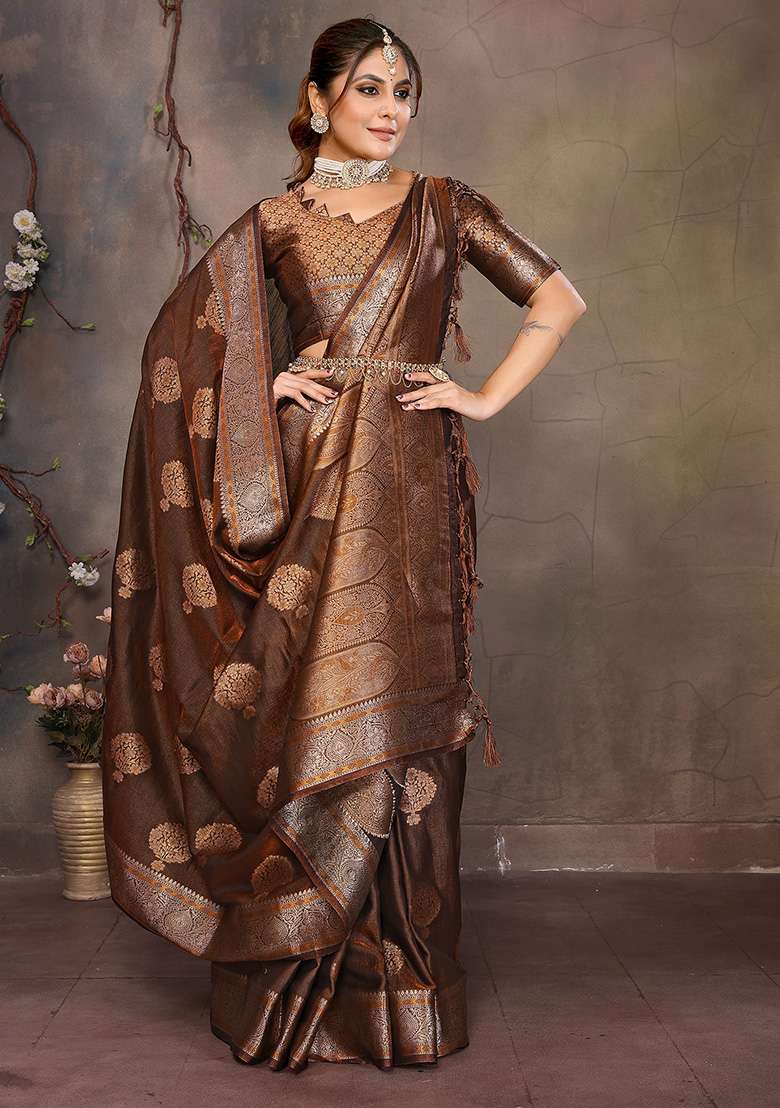 Copper Woven Jacquard Silk Blend Saree Set for Diwali and Festive Wear - Indya