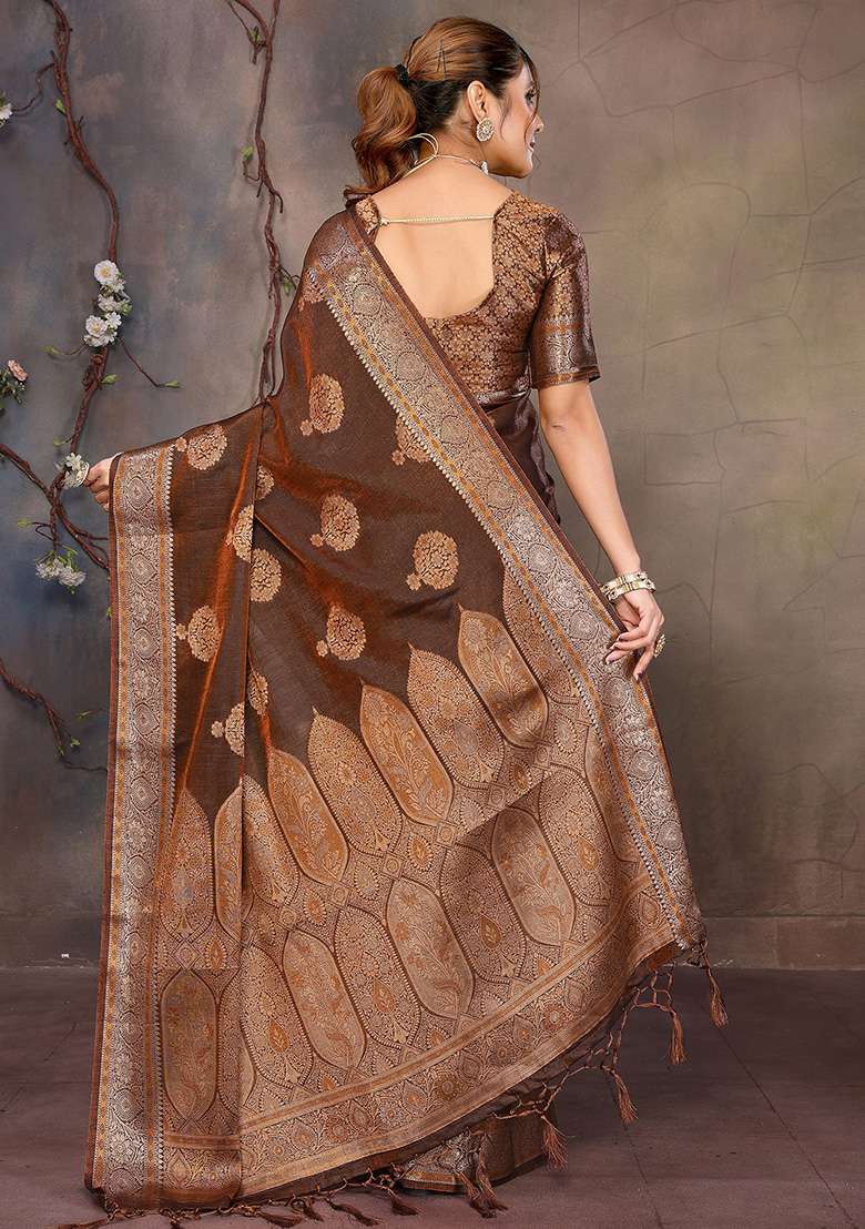 Copper Woven Jacquard Silk Blend Saree Set for Diwali and Festive Wear - Indya