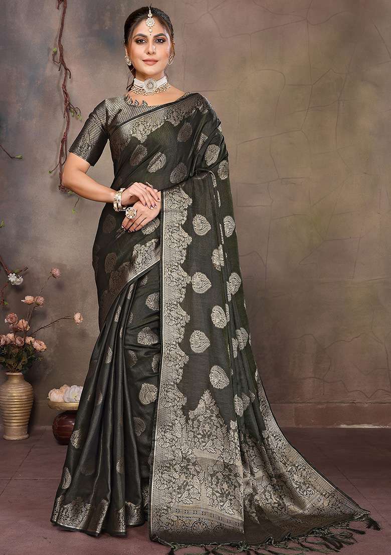 Dark Green Woven Jacquard Silk Blend Saree Set for Diwali | Wedding & Festive Wear - Indya