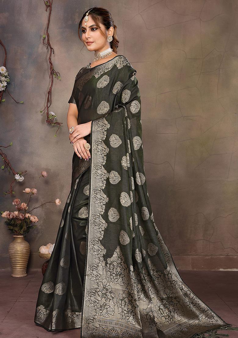 Dark Green Woven Jacquard Silk Saree Set - Indya