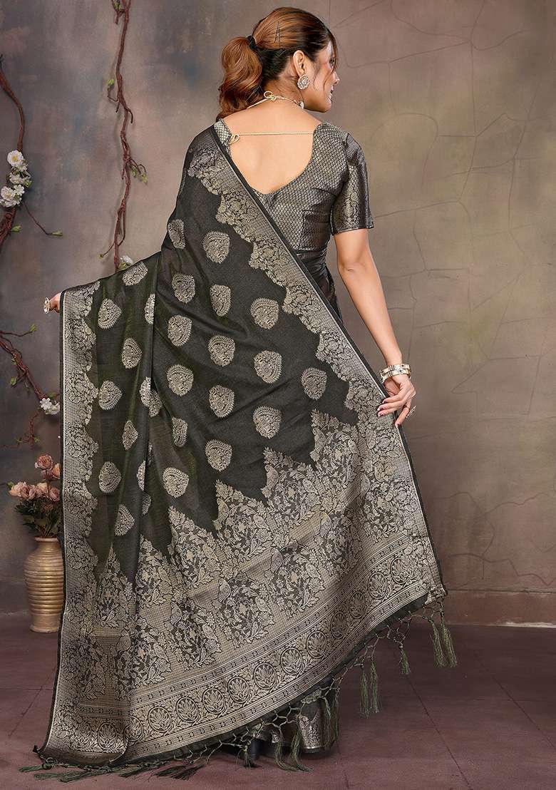 Dark Green Woven Jacquard Silk Blend Saree Set for Diwali | Wedding & Festive Wear - Indya