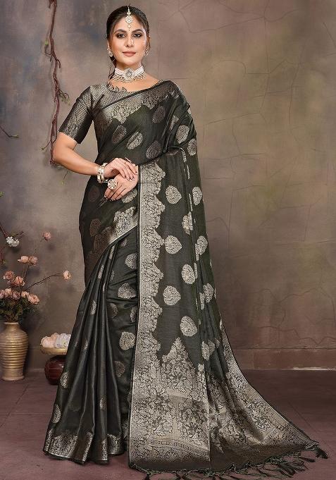 Dark Green Woven Jacquard Silk Saree Set
