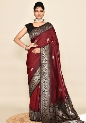 Maroon And Black Weaving Border Silk Saree Set