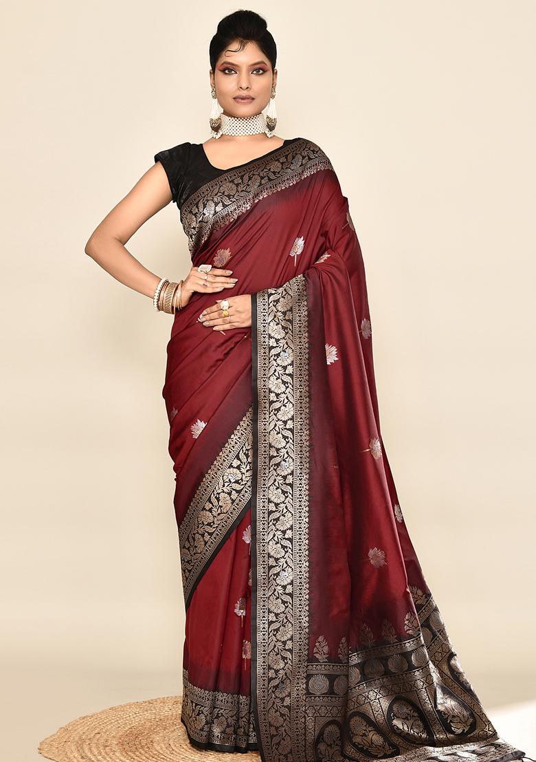 Maroon And Black Weaving Border Silk Saree Set