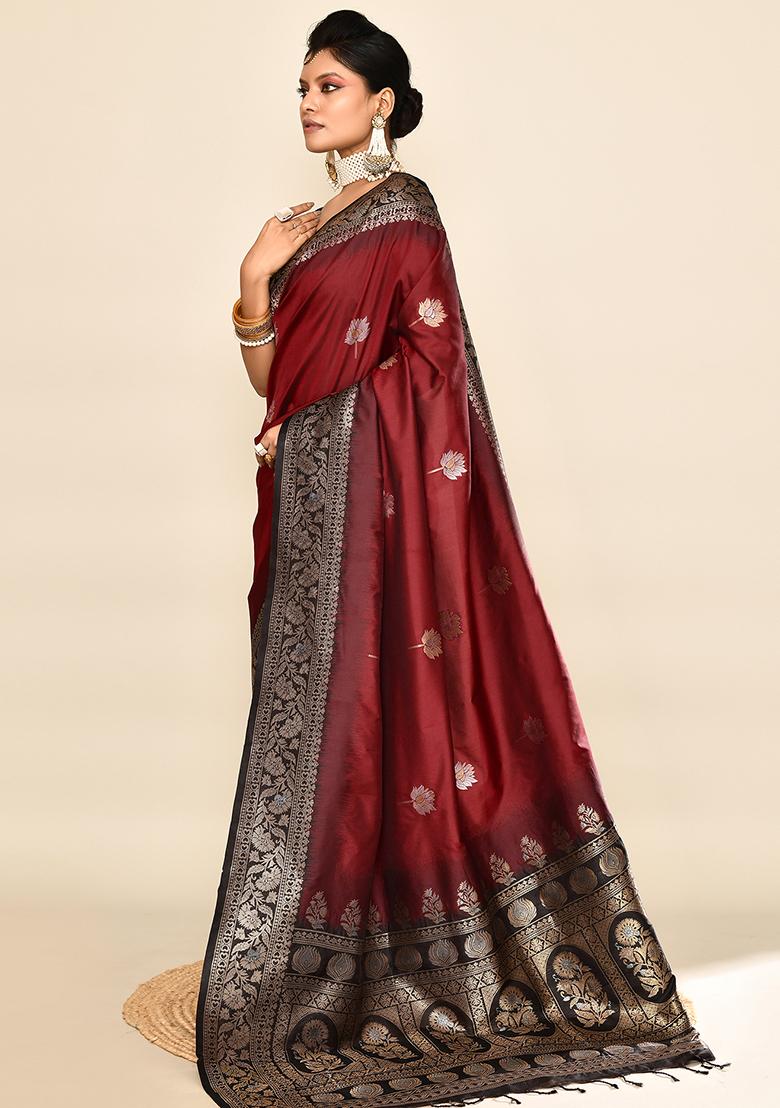 Maroon And Black Weaving Border Silk Saree Set