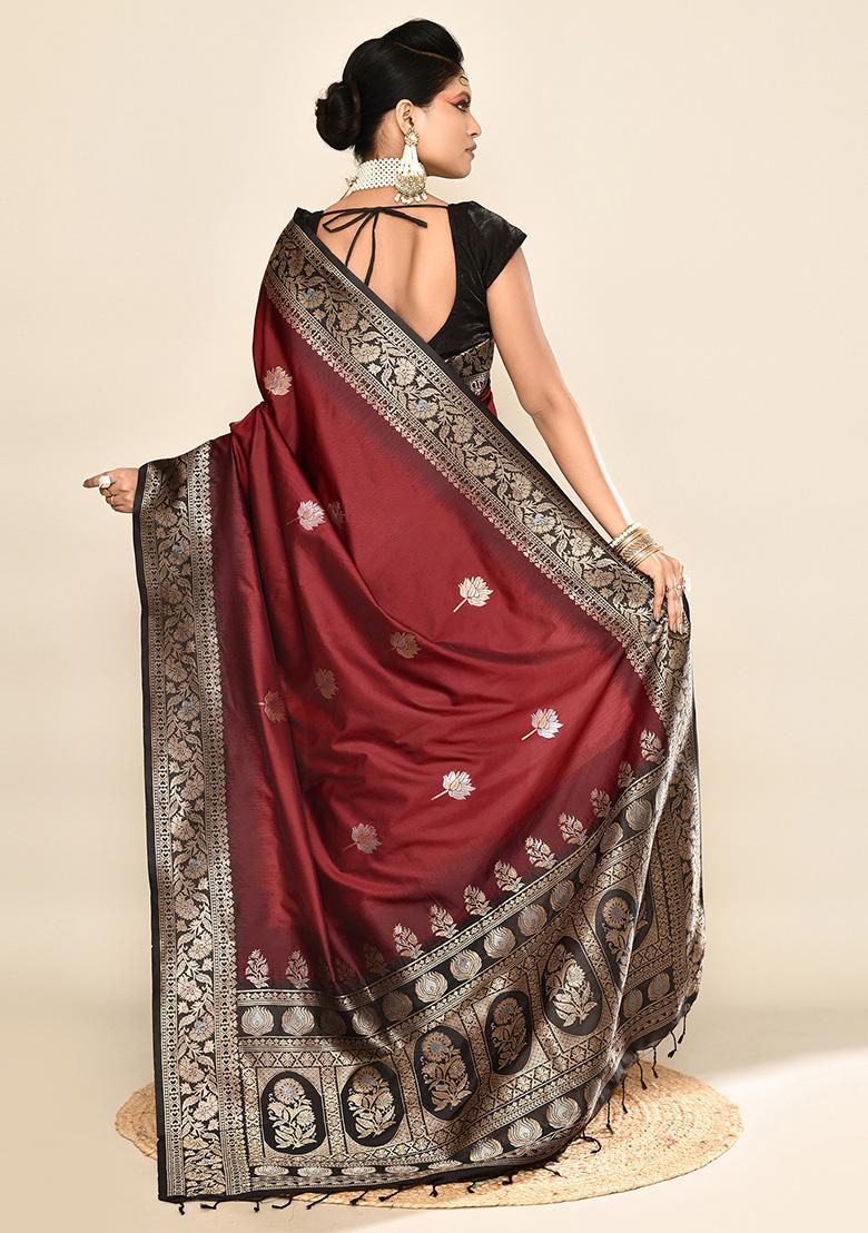 Maroon And Black Weaving Border Silk Saree Set