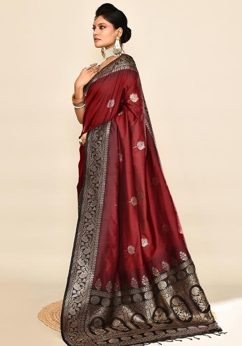 Maroon And Black Weaving Border Silk Saree Set