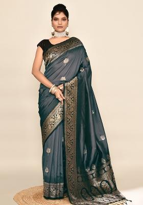 Grey And Black Weaving Border Silk Saree Set