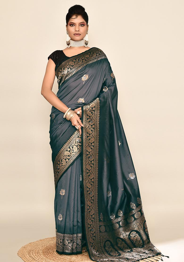 Grey And Black Weaving Border Silk Saree Set