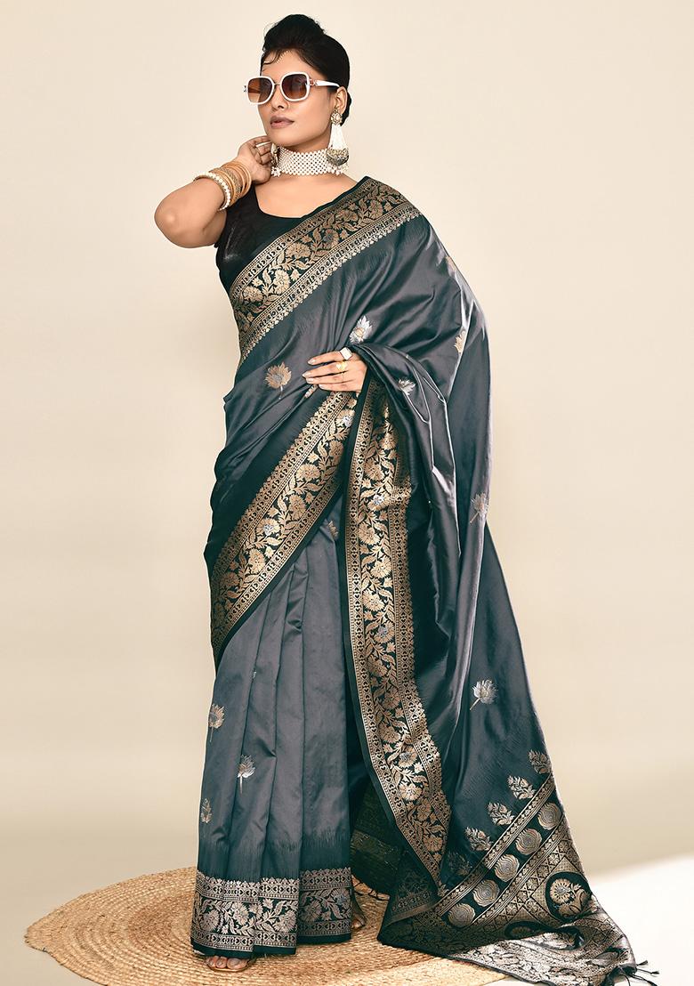 Grey And Black Weaving Border Silk Saree Set