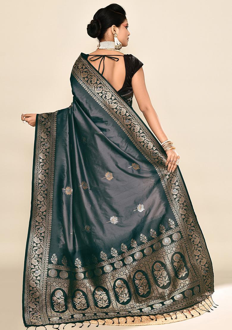 Grey And Black Weaving Border Silk Saree Set