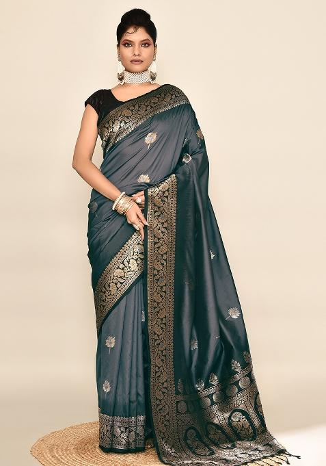 Grey And Black Weaving Border Silk Saree Set