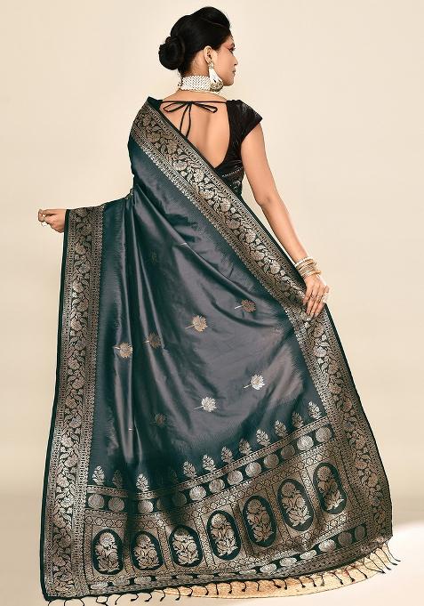 Grey And Black Weaving Border Silk Saree Set