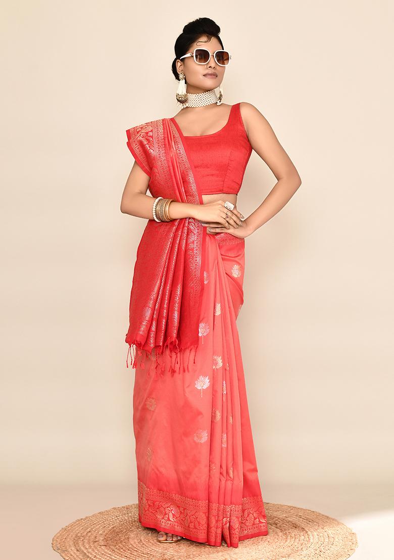 Peach And Red Weaving Border Silk Saree Set