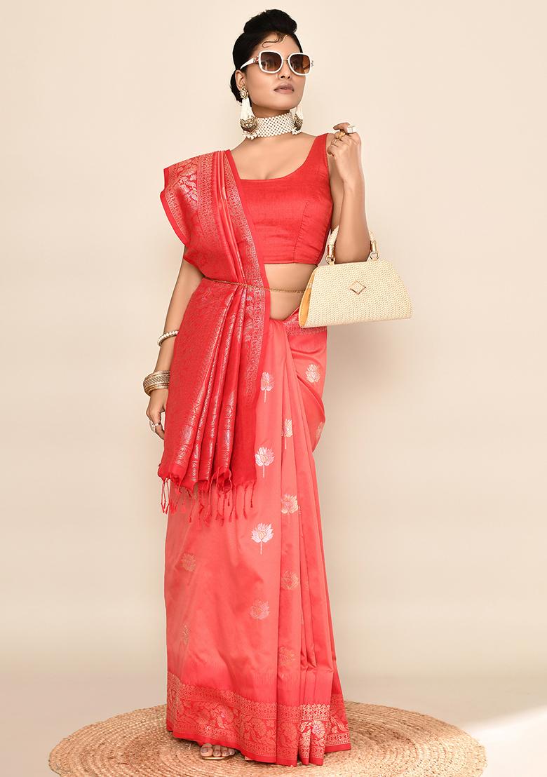 Peach And Red Weaving Border Silk Saree Set