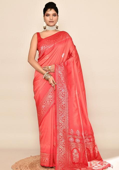 Peach And Red Weaving Border Silk Saree Set