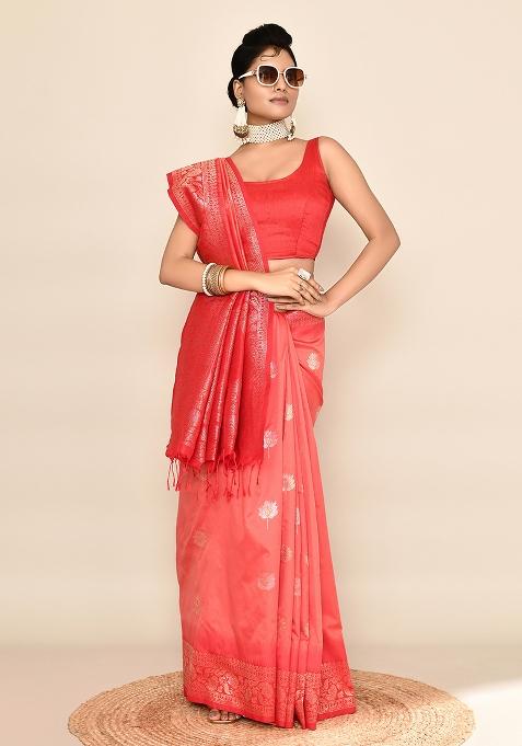 Peach And Red Weaving Border Silk Saree Set