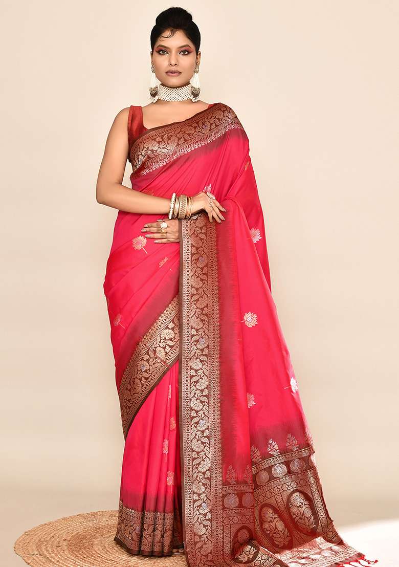 Rani Pink And Bottle Green Weaving Border Silk Blend Saree Set for Diwali | Wedding & Festive Wear - Indya
