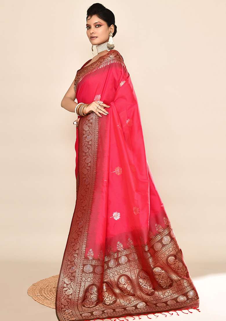 Rani Pink And Bottle Green Weaving Border Silk Blend Saree Set for Diwali | Wedding & Festive Wear - Indya