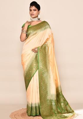 Light Yellow And Parrot Green Weaving Border Silk Saree Set