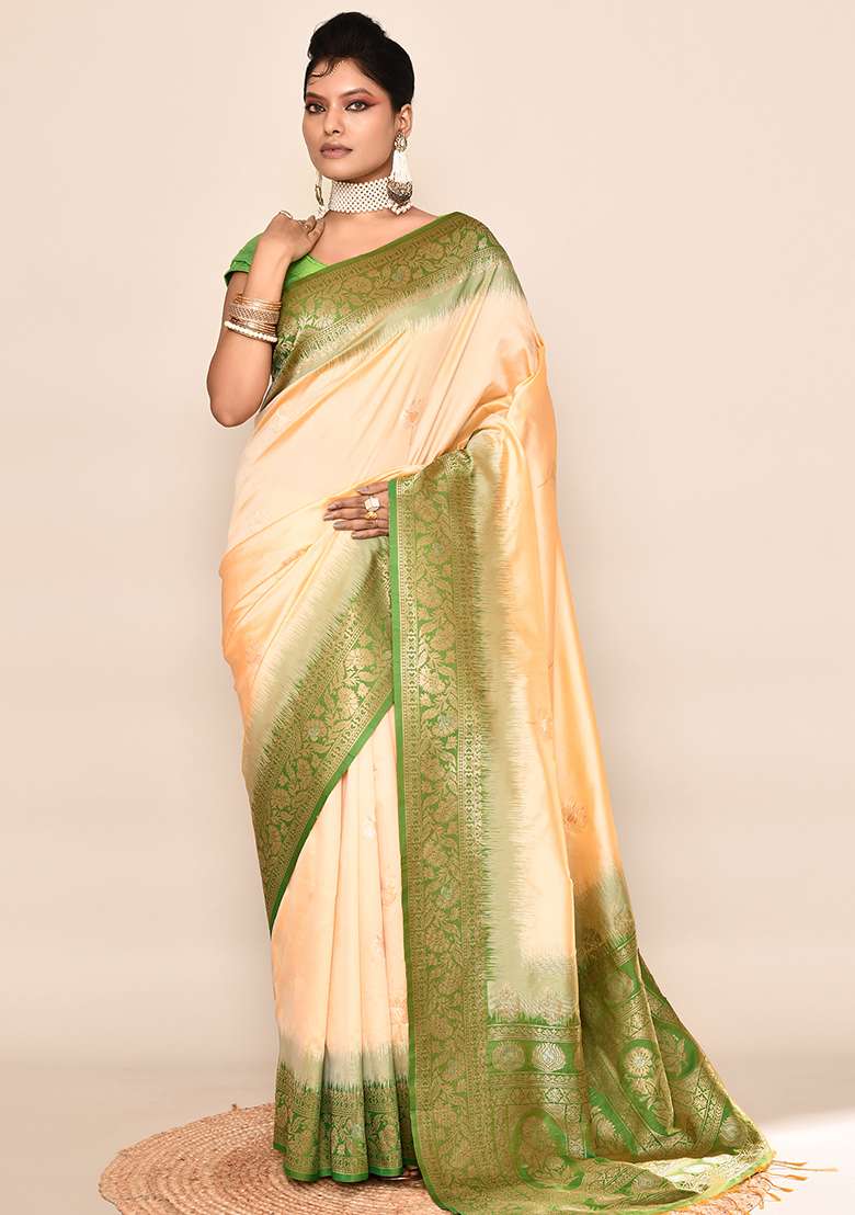 Light Yellow And Parrot Green Weaving Border Silk Blend Saree Set for Diwali | Wedding & Festive Wear - Indya