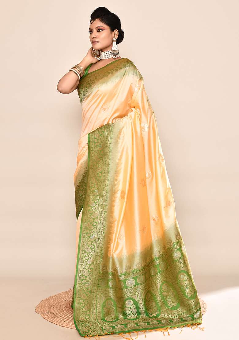 Light Yellow And Parrot Green Weaving Border Silk Blend Saree Set for Diwali | Wedding & Festive Wear - Indya