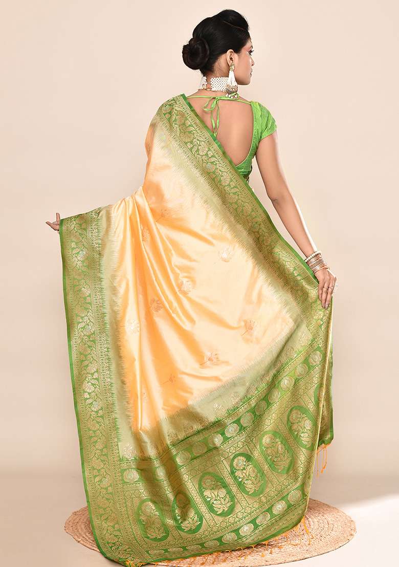 Light Yellow And Parrot Green Weaving Border Silk Blend Saree Set for Diwali | Wedding & Festive Wear - Indya