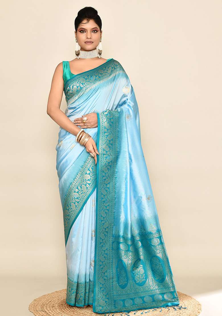 Sky Blue And Rama Weaving Border Silk Blend Saree Set for Diwali and Festive Wear - Indya