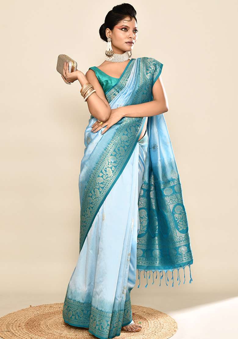 Sky Blue And Rama Weaving Border Silk Blend Saree Set for Diwali and Festive Wear - Indya