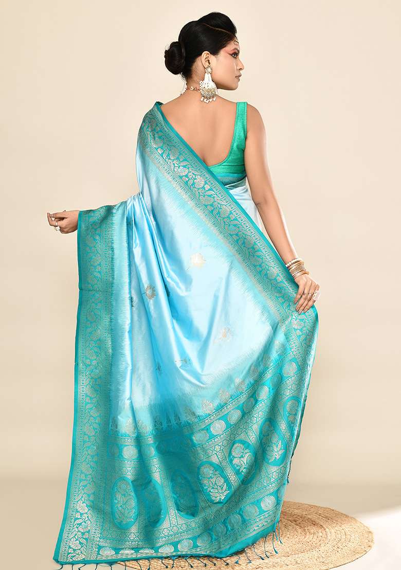 Sky Blue And Rama Weaving Border Silk Blend Saree Set for Diwali and Festive Wear - Indya